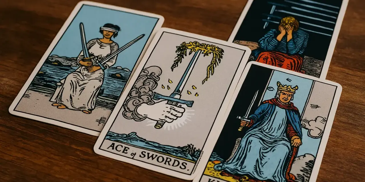 Cartas de tarot: el Rey de Espadas, el As de Espadas y el 9 de espadas, con una figura afligida al fondo.
