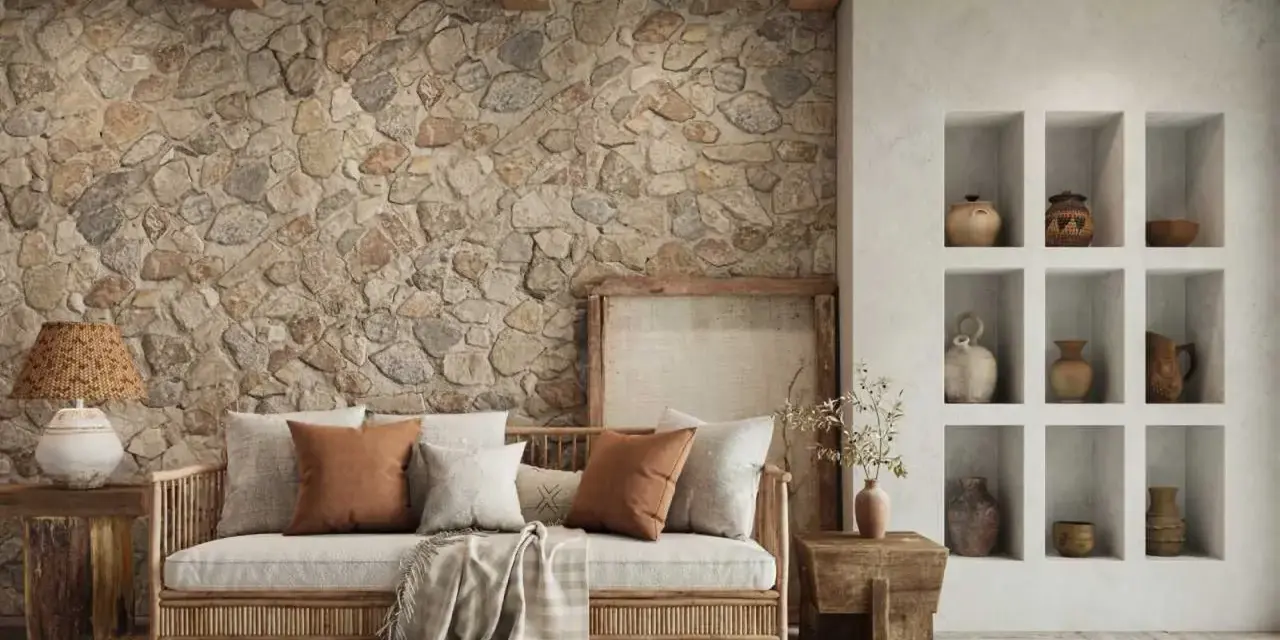 Sofá de madera con cojines y manta, junto a una pared con acabado rústico de piedra y vigas de madera.
