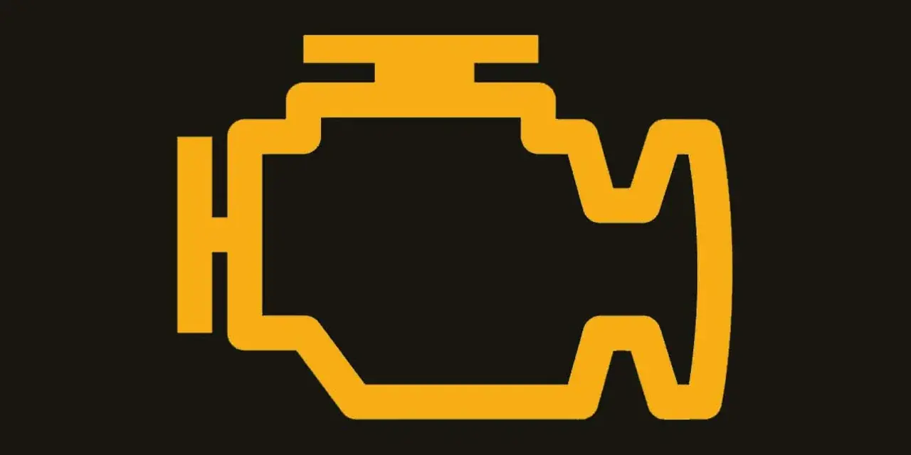 Gelbes Symbol eines Motors auf schwarzem Hintergrund. So sieht die Motorkontrollleuchte aus, wenn etwas mit dem Antrieb nicht stimmt.