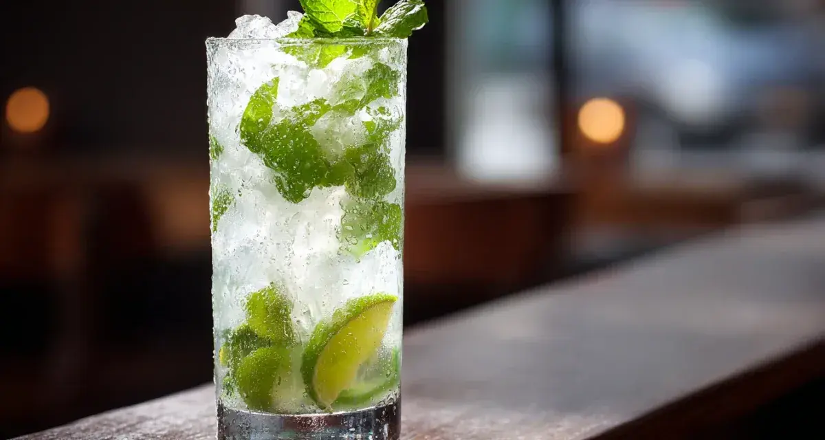 Ett glas med is, mynta och lime, perfekt för ett uppfriskande mojito recept.