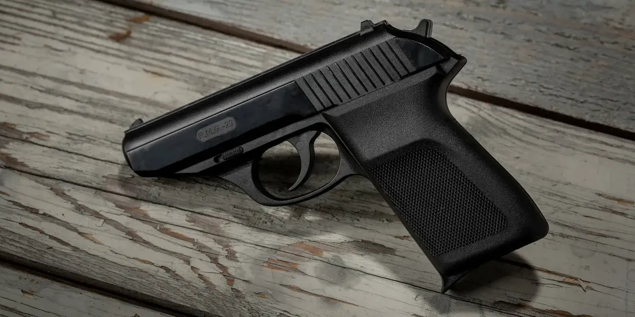 Czarny pistolet P.M.G.-23 leżący na zniszczonej drewnianej desce.