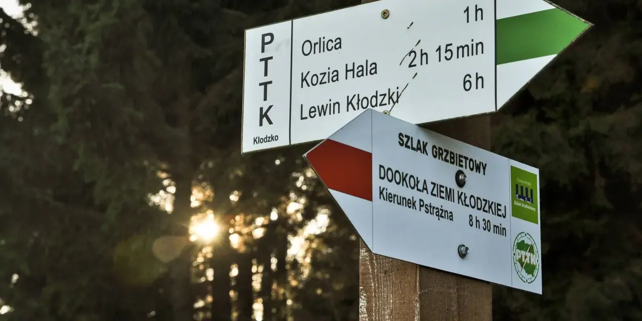 Znaki szlaku PTTK wskazują drogę na Orlicę, Kozią Halę i do Lewina Kłodzkiego. Orlica trasa jest oznaczona zieloną strzałką.