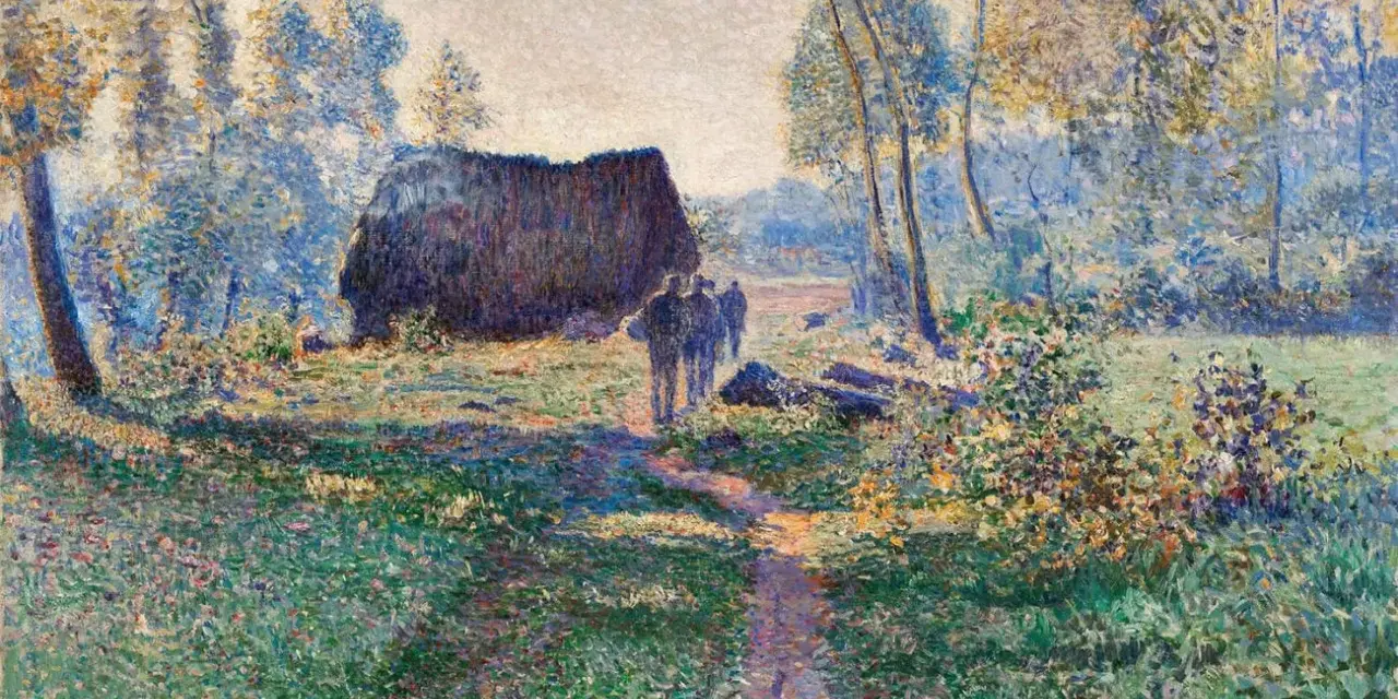 Un chemin ensoleillé mène à une chaumière, sous le regard d'un peintre impressionniste. Des silhouettes se promènent dans un paysage lumineux.