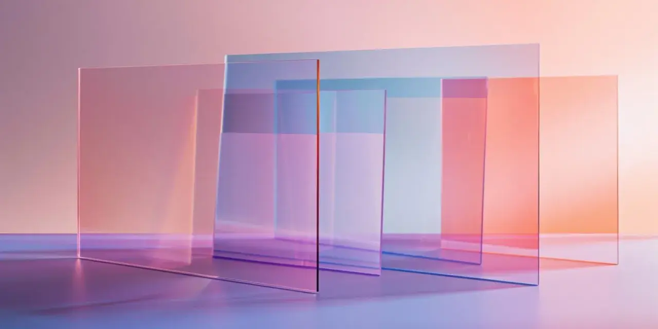 Rectangular panes of transparent material, tinted in soft pinks, blues, and oranges, overlap to create a layered, abstract composition.