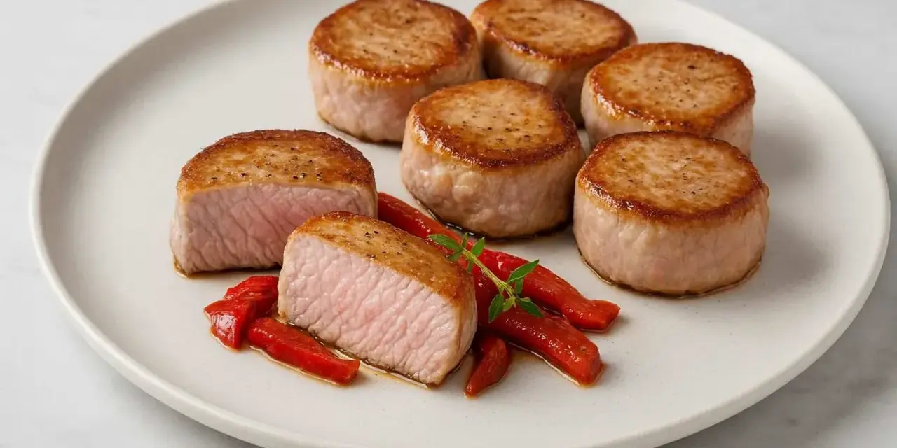 Seis medallones de solomillo a la plancha, jugosos y dorados, servidos con pimientos rojos asados y una ramita de hierbas.