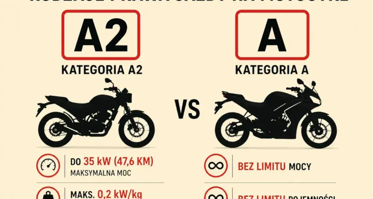 Porównanie kategorii A2 i A prawa jazdy na motocykl. A2 to motocykle do 35 kW, A to bez limitu mocy i pojemności.