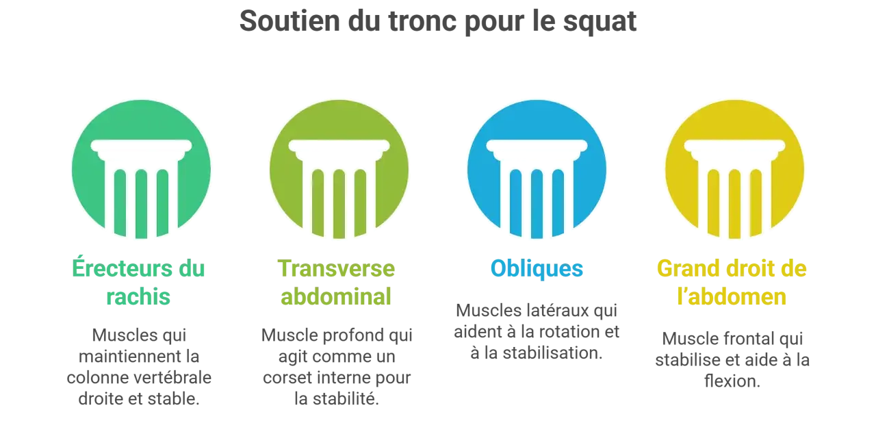 Illustration des muscles sollicités lors d'un squat : érecteurs du rachis, transverse abdominal, obliques et grand droit de l'abdomen.