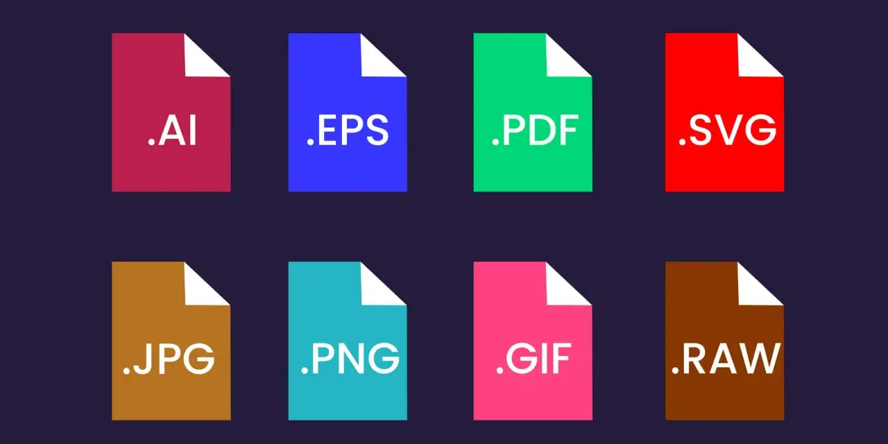 Kolorowe ikony plików: .AI, .EPS, .PDF, .SVG, .JPG, .PNG, .GIF, .RAW. Ten plik graficzny prezentuje różne formaty.
