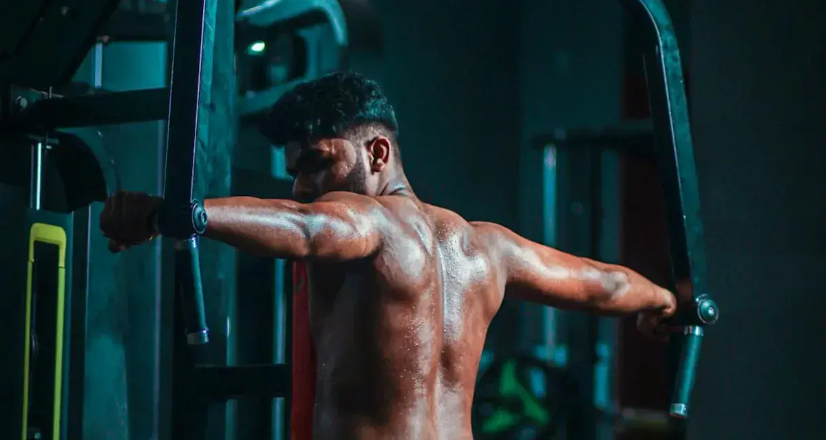 Man svettas under ett träningspass med flyes med hantlar i ett mörkt gym.