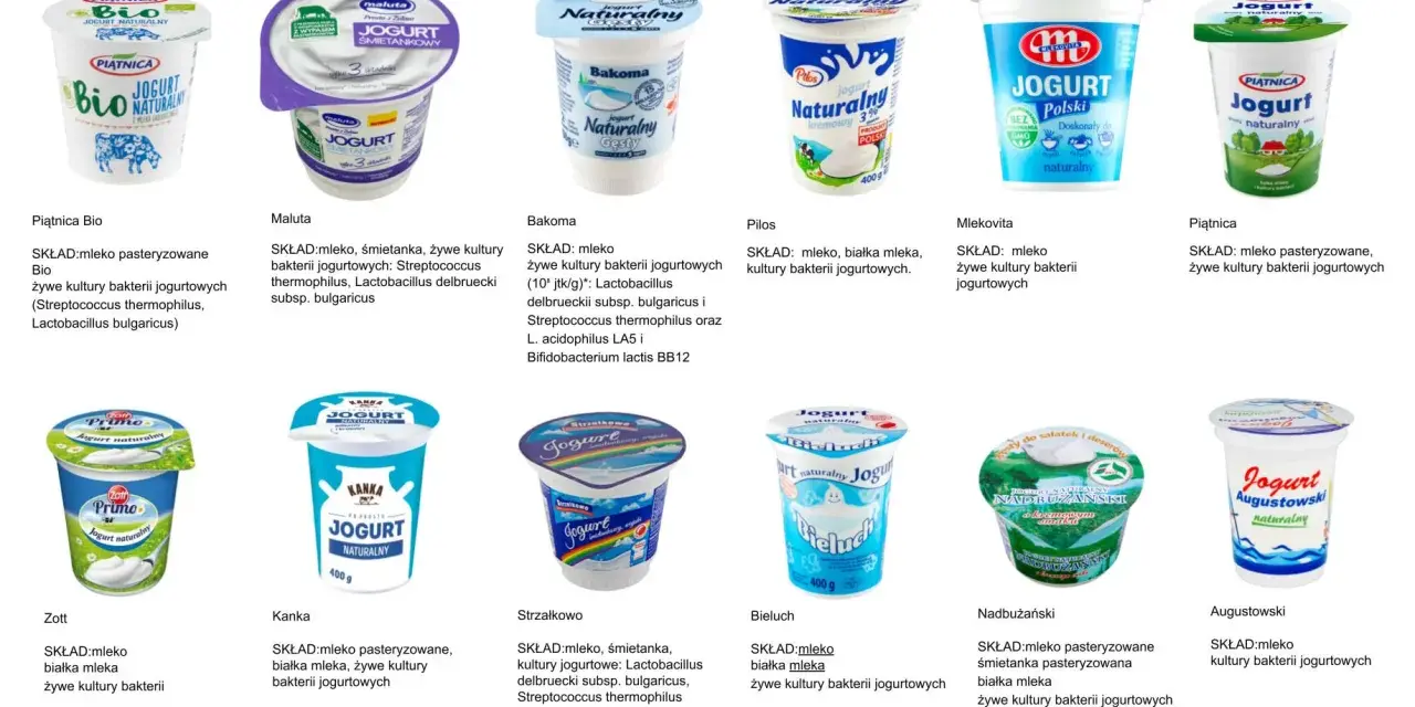 Różne marki jogurtu naturalnego: Piątnica Bio, Maluta, Bakoma, Pilos, Mlekovita, Piątnica, Zott, Kanka, Strzałkowo, Bieluch, Nadbużański, Augustowski.
