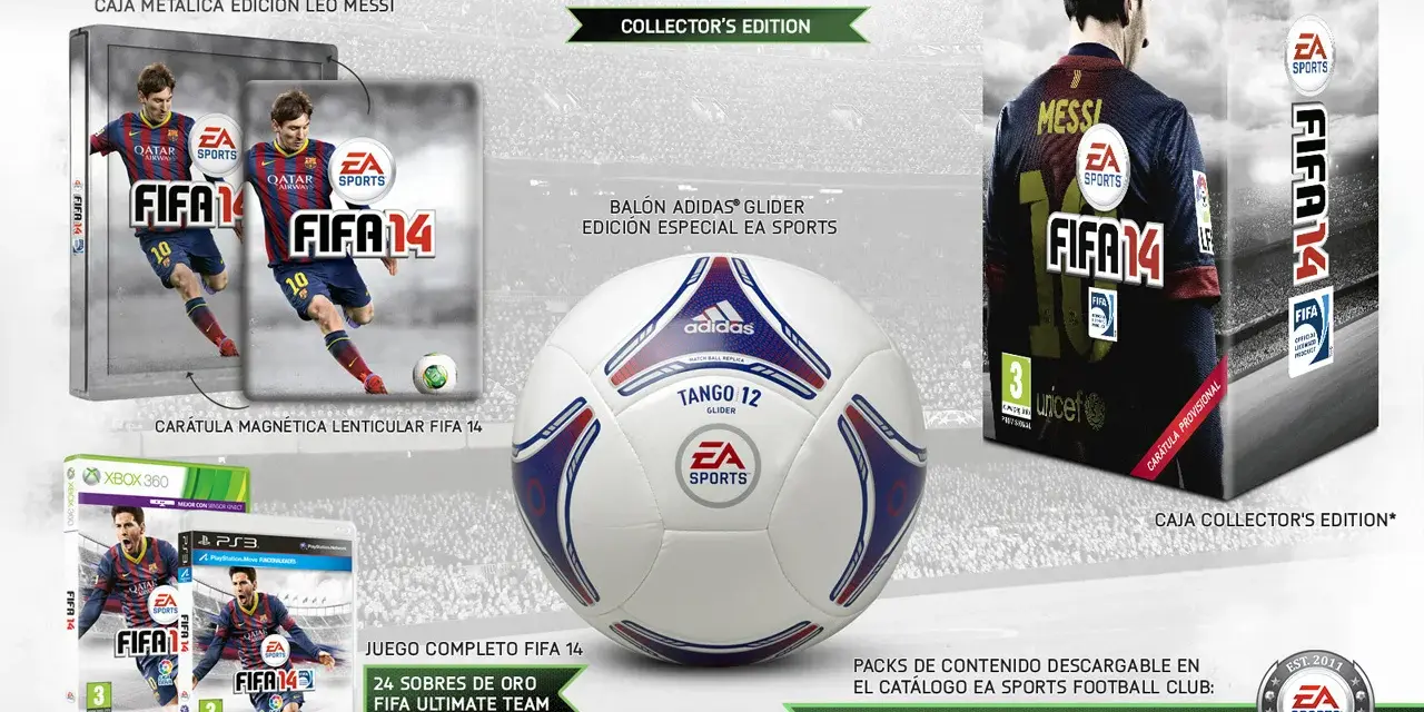 Edición Coleccionista de portada fifa 14 con balón, caja metálica de Leo Messi y juegos para Xbox 360 y PS3.