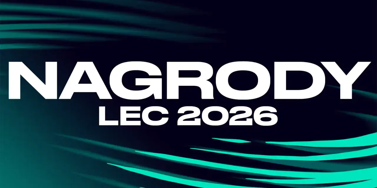 Napis "NAGRODY LEC 2026" na ciemnym tle z zielonymi pasami.