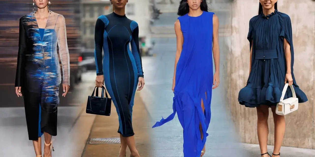 Four models in blue dresses on a runway and street.