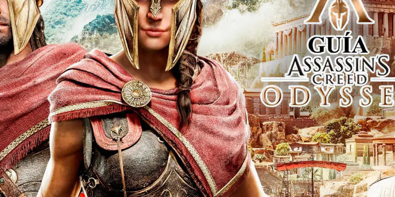 Guía para conseguir el platino en Assassin's Creed Odyssey. Dos guerreros espartanos con armadura dorada y capa roja posan ante ruinas griegas.