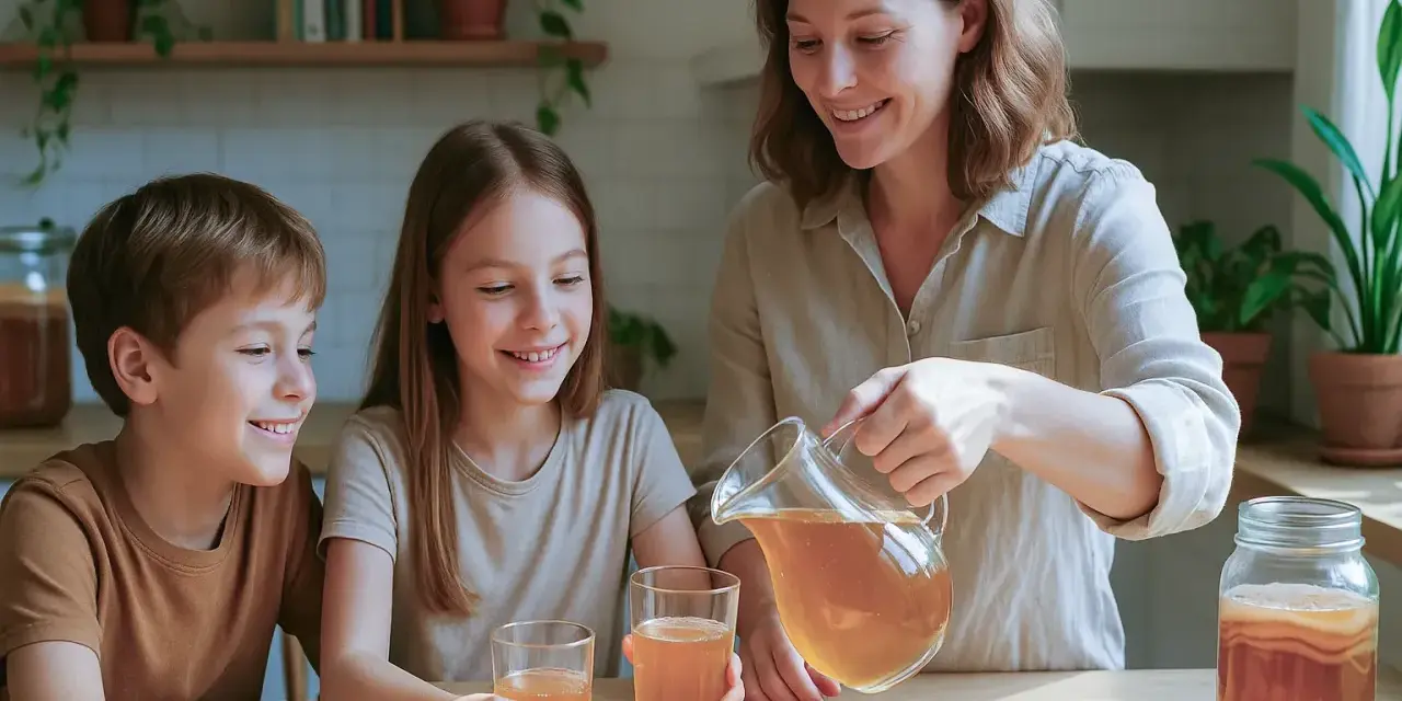 Une mère verse du kombucha dans des verres pour ses enfants. Un moment de partage autour de cette boisson fermentée, le kombucha enfant est une alternative saine.