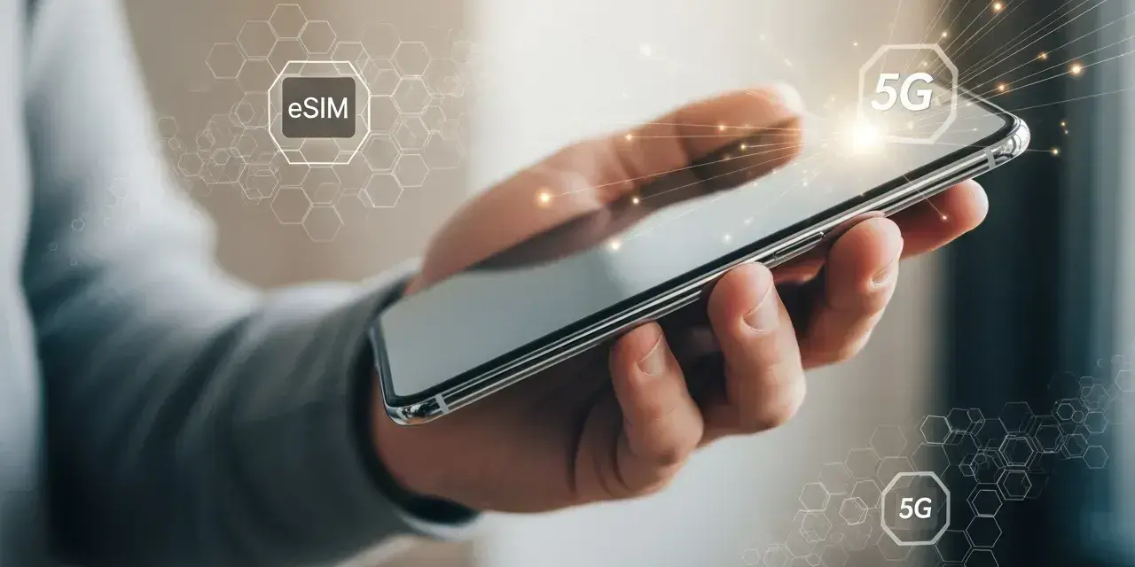 Hand holding a smartphone with "eSIM" and "5G" icons and network graphics.