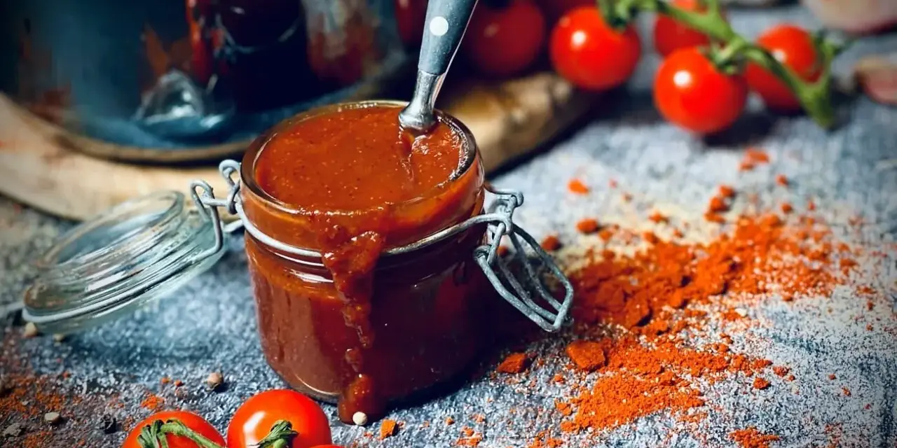 Ein Glas mit selbstgemachter bbq sauce, daneben Kirschtomaten und Paprikapulver. Perfekt für den Grill!