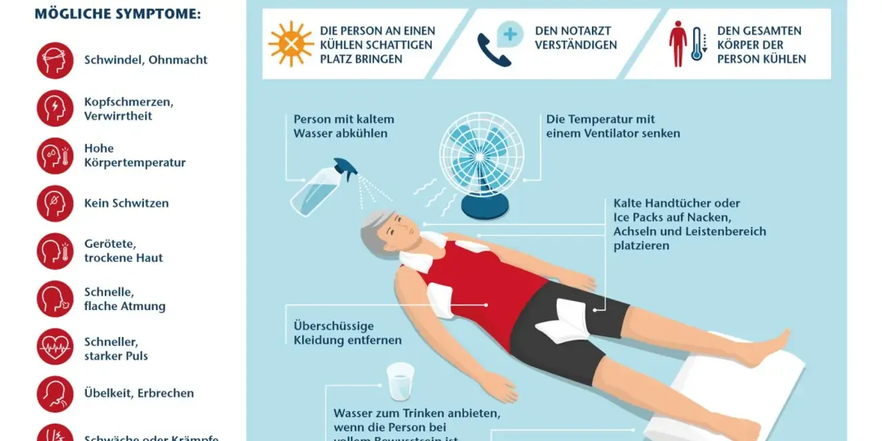 Erste Hilfe bei Hitzschlag: Symptome wie Schwindel, Kopfschmerzen, hohe Temperatur, trockene Haut, schnelle Atmung, Übelkeit und Krämpfe erkennen. Kühlen, Arzt rufen.