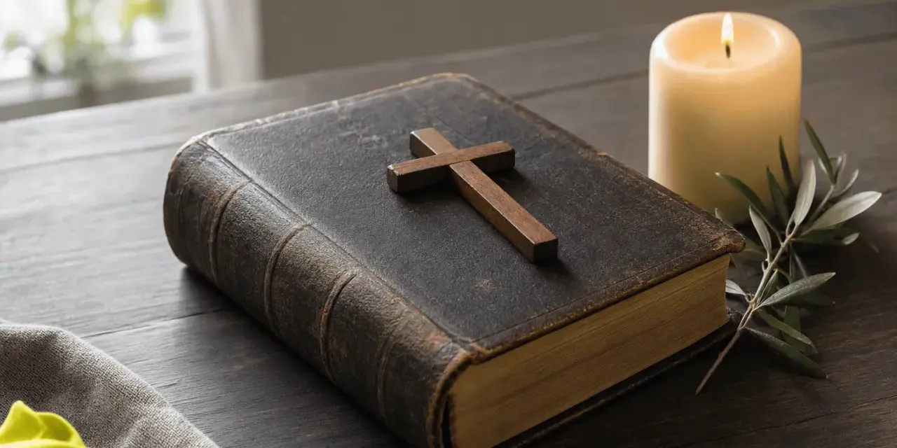 Stara biblia z krzyżem i płonącą świecą, symbol przygotowań do matury z wiedzy duchowej.