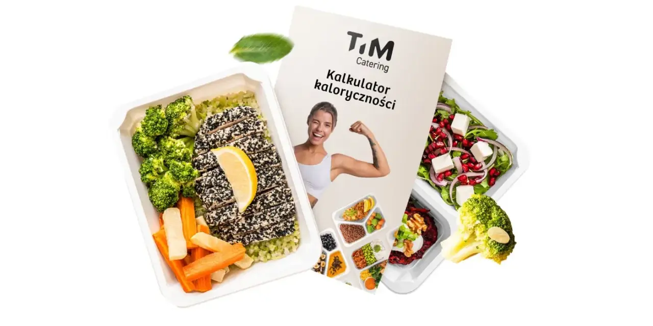 Pudełka z jedzeniem i ulotka "Kalkulator kaloryczności" od T&M Catering. Dieta pudełkowa 1200 kcal to zdrowy wybór.