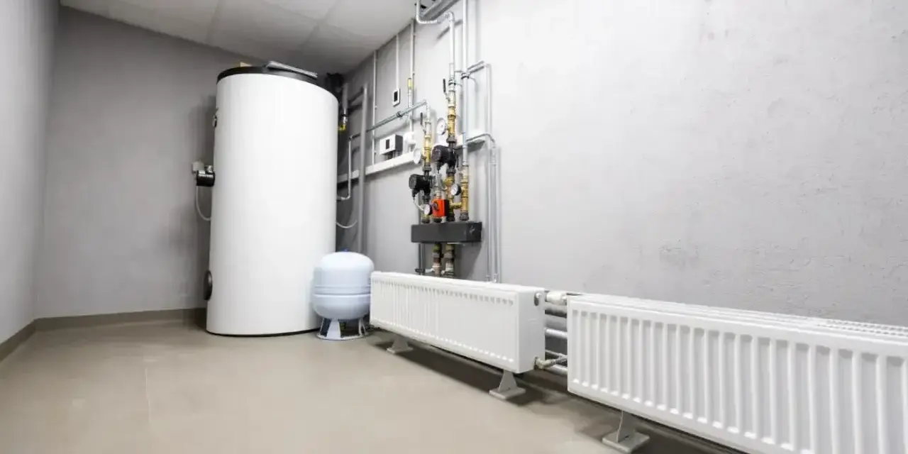 Kotłownia z bojlerem, pompami i grzejnikami. Widać tu instalację grzewczą, gdzie separator co zapewnia prawidłowy obieg wody.