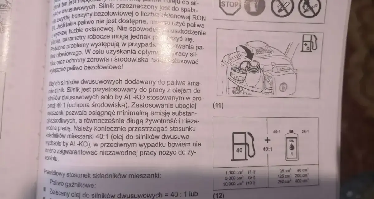 Ile wchodzi oleju do silnika? Instrukcja podaje proporcje 40:1 lub 25:1 w zależności od rodzaju oleju.