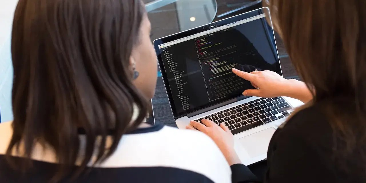 Due persone analizzano codice su un laptop. Una indica una riga, mostrando cosa fa un analista funzionale.
