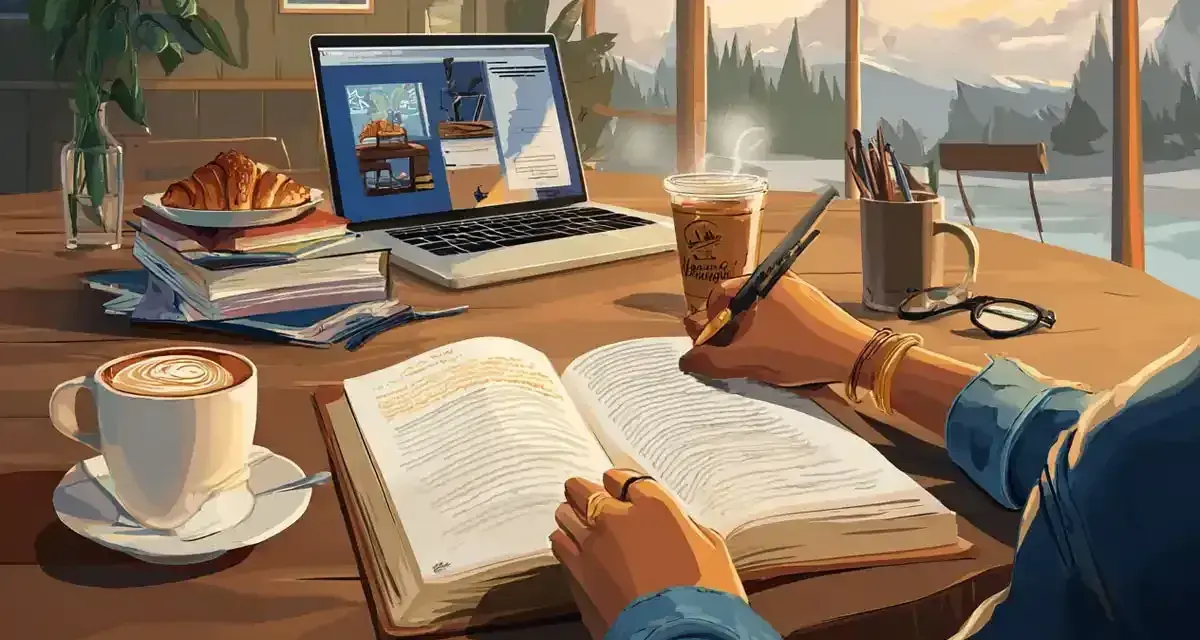 Polish: Osoba pisze w książce przy kawie i laptopie, z widokiem na góry.
French: Une personne écrit dans un livre avec du café et un ordinateur portable, avec vue sur les montagnes.