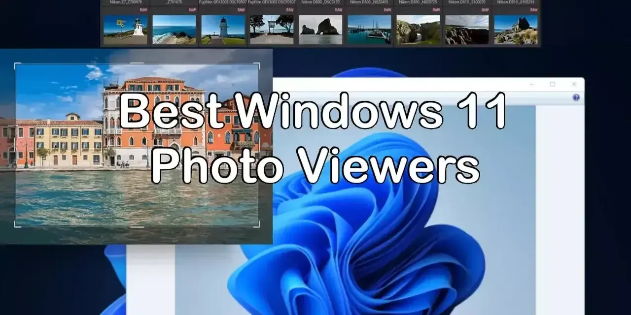 Przeglądarka zdjęć na Windows 11. Widok kolekcji zdjęć RAW i podgląd weneckiego krajobrazu.