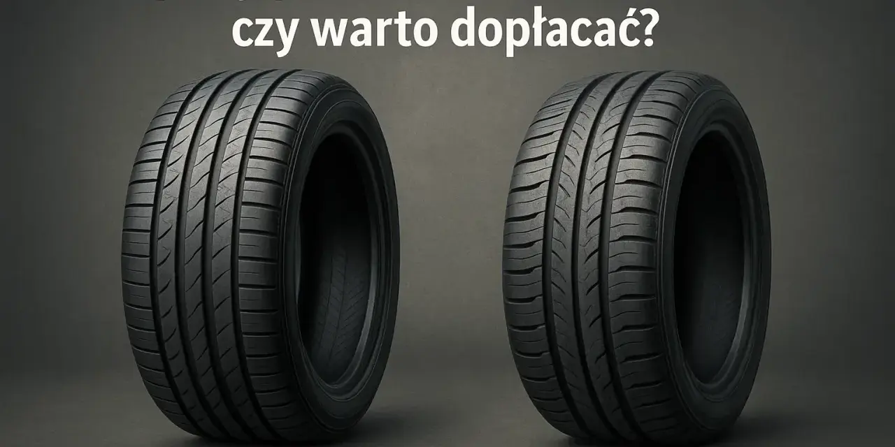 Dwa koła samochodowe: po lewej opona premium, po prawej budżetowa. Porównanie różnych marek opon.