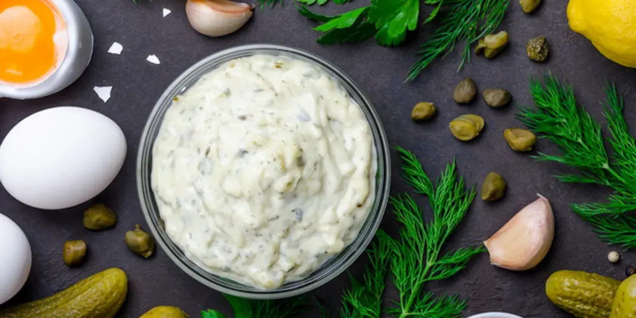 Ingredienti freschi per una deliziosa salsa tartara: uova, cetriolini, capperi, limone, aglio, aneto e prezzemolo.