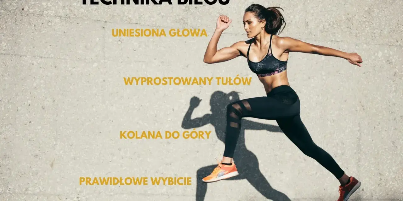 Kobieta w ruchu, ilustrująca technikę biegu: uniesiona głowa, wyprostowany tułów, kolana do góry i prawidłowe wybicie stopy.