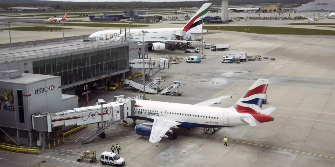 Samoloty British Airways i Emirates czekają na pasażerów na lotnisku Gatwick. W tle widać wieżę kontroli lotów.