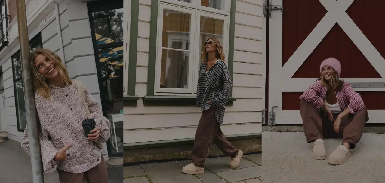 Uśmiechnięta blondynka prezentuje różne stylizacje ootd: w różowym kardiganie, w bluzce w paski i w różowej bluzce w paski z czapką.
