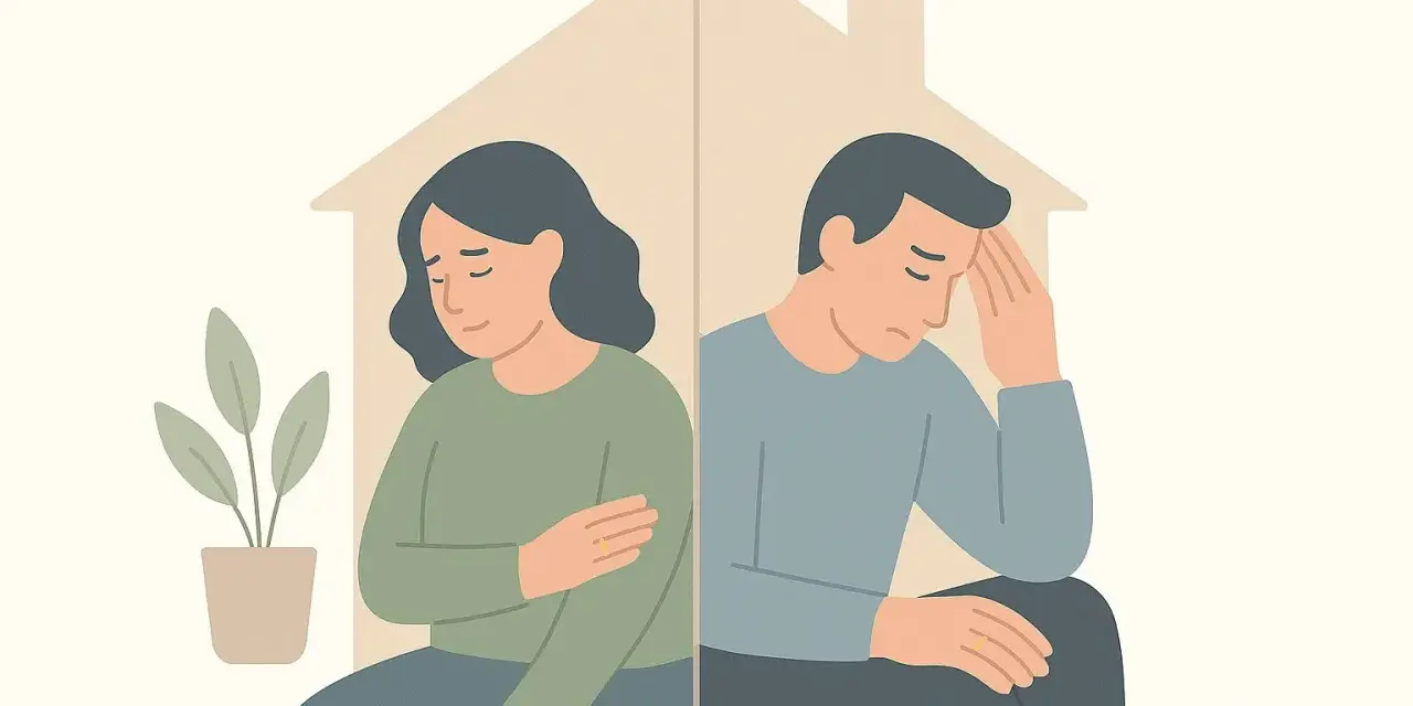 Un couple, séparé par une maison stylisée, exprime la tristesse et le désarroi d'une séparation de corps et de bien.