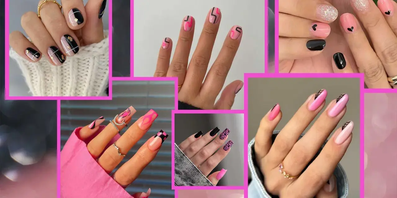 Collezione di unghie rosa e nere semplici con vari design: cuori, fiamme, geometrie e glitter.