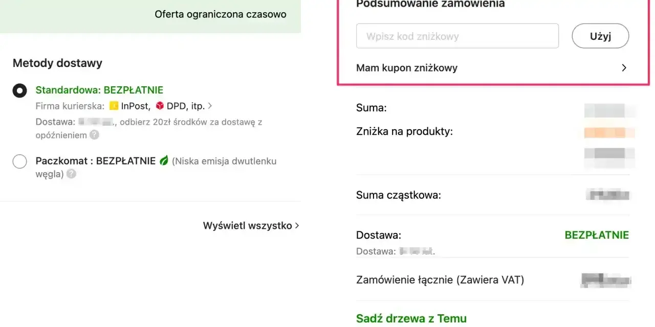 Podsumowanie zamówienia z polem na wpisanie kodu zniżkowego. Możesz tu użyć swojego **koleo kupon rabatowy** i obniżyć cenę.