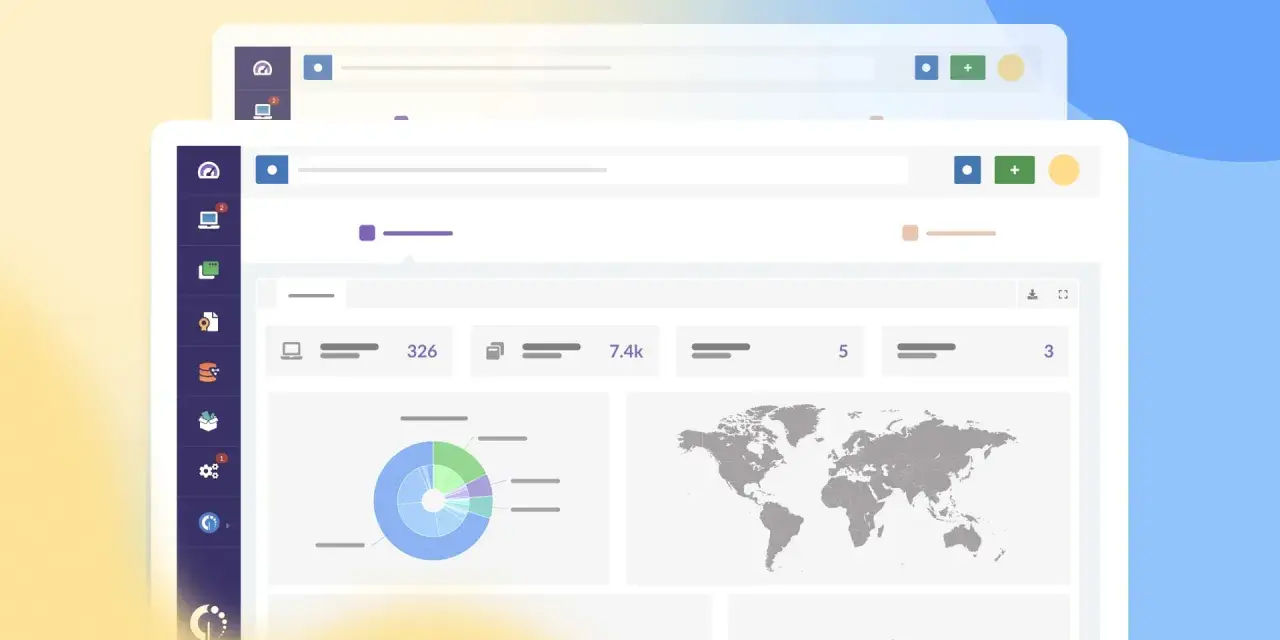 Panel de control con gráficos de pastel y mapa mundial. Muestra métricas clave y la amortización de aplicaciones informáticas.