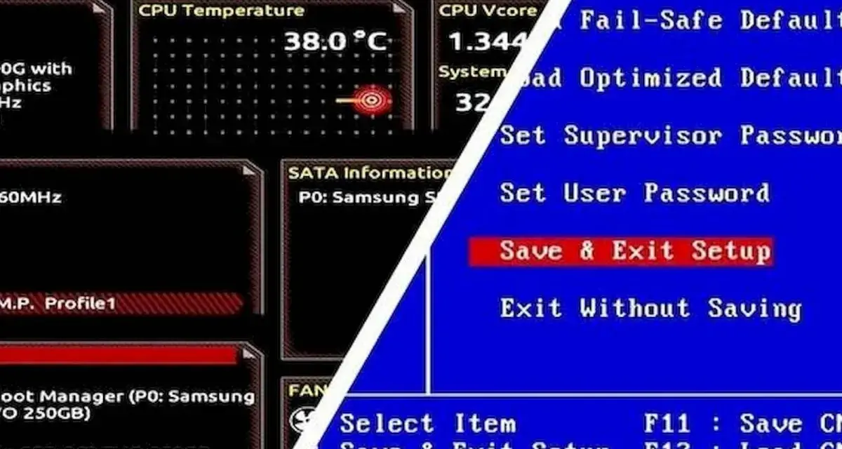 Ekran startowy BIOS-u pokazuje temperaturę CPU 38°C i opcje takie jak "Save & Exit Setup".