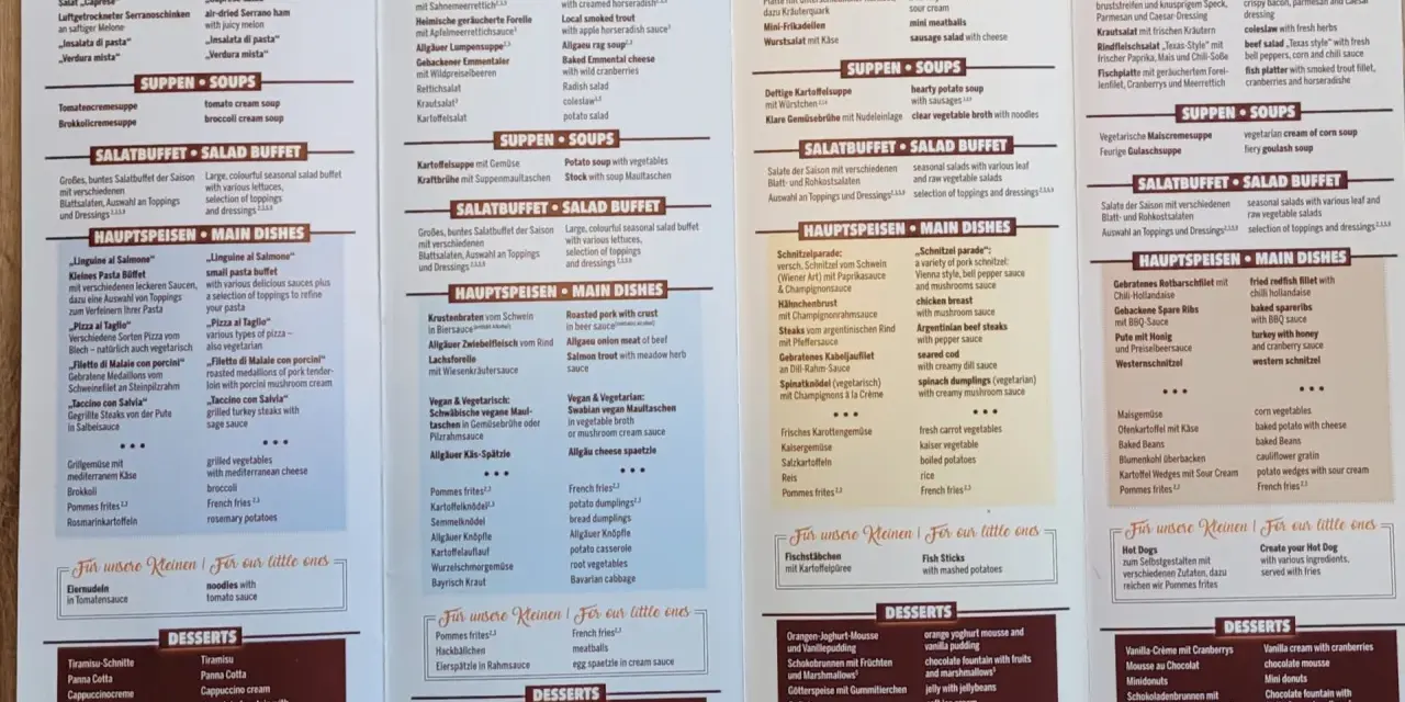 Center Parcs Restaurant Speisekarte: Vielfalt von Vorspeisen bis Desserts, mit Optionen für jeden Geschmack.