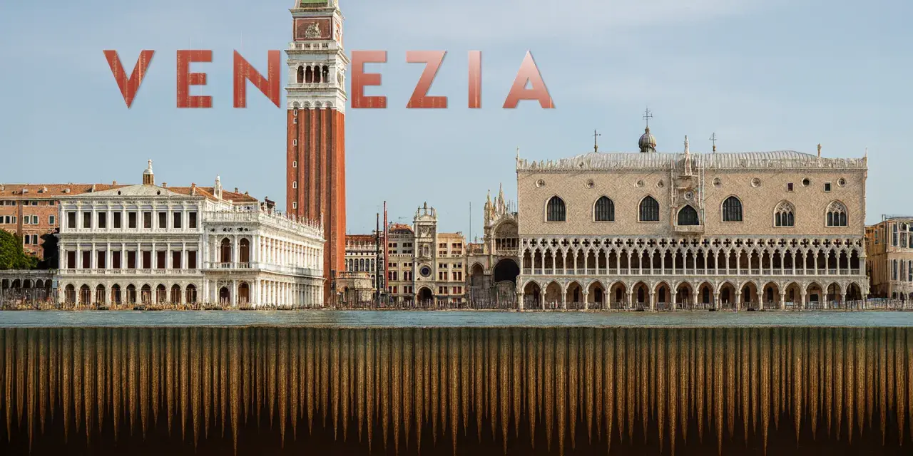 Venezia vista dall'acqua, con un'illusione ottica che mostra cosa c'è sotto Venezia: un abisso di pali di legno.