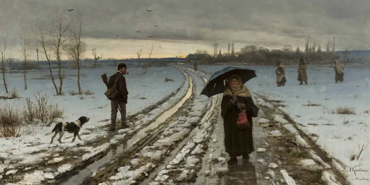 Droga błotnista, śnieg topnieje, ludzie idą w deszczu. To obraz przedwiośnia, symbolizujący nadzieję na wiosnę.