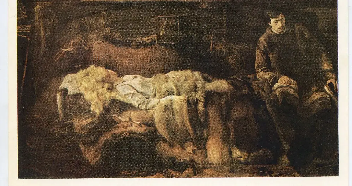 Malczewski przy łóżku chorej Ellenai, która leży otulona futrem. Mężczyzna czyta książkę, pogrążony w smutku.