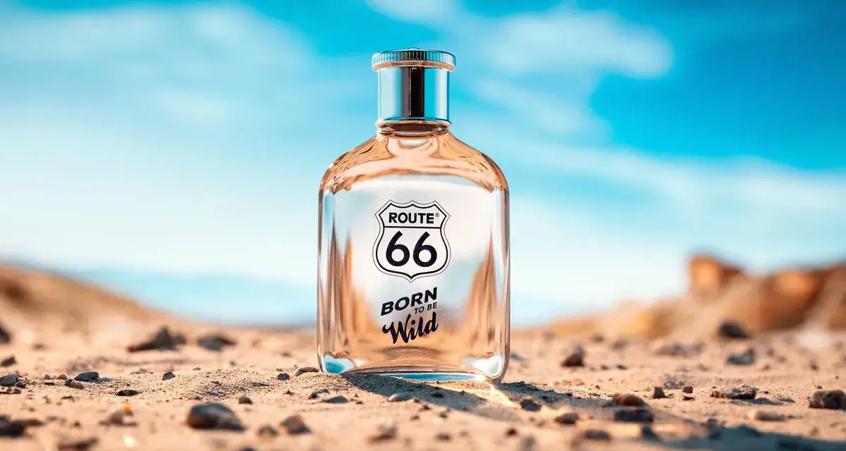 Szklana butelka perfum Route 66 "Born to be Wild" stoi na piaszczystej pustyni pod błękitnym niebem.