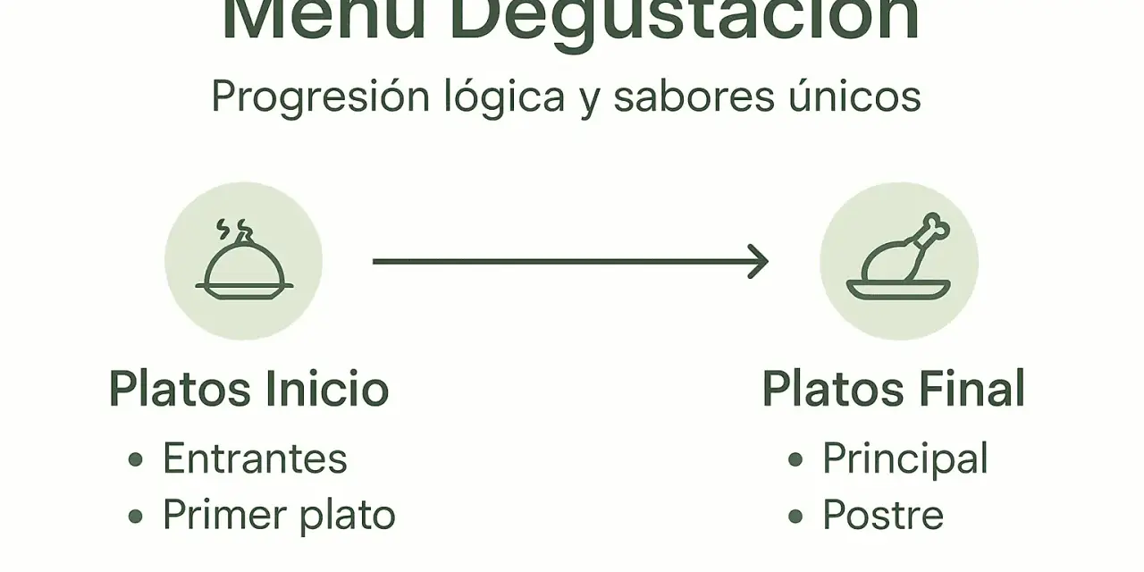 Ilustración de **que es un menú degustación**: progresión de platos inicio (entrantes, primer plato) a platos final (principal, postre).