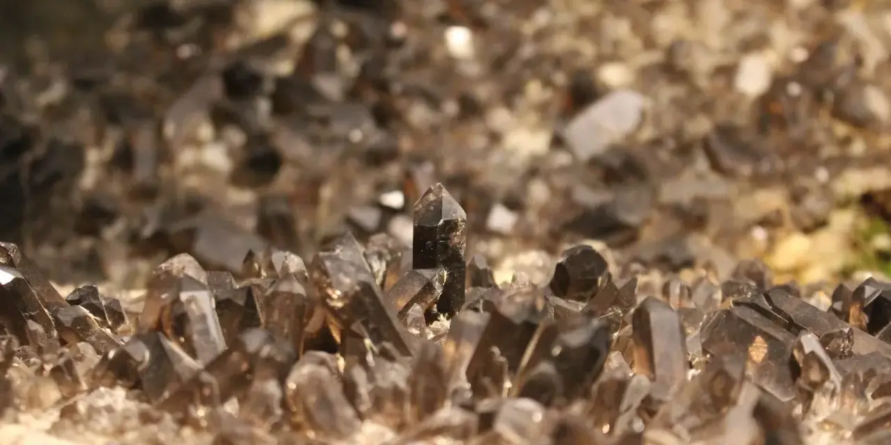 Cristalli di quarzo fumè, noti per le loro proprietà di radicamento e protezione, emergono da una base rocciosa.
