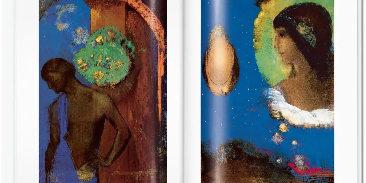 Dwie surrealistyczne sceny autorstwa Odilona Redona: postać w łuku i profil kobiety w otoczeniu gwiazd.