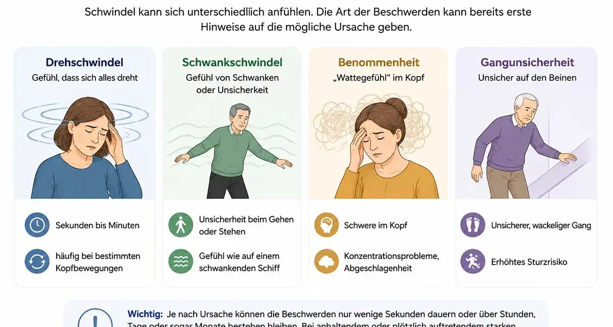Illustrationen zeigen verschiedene Arten von Schwindel: Drehschwindel, Schwankschwindel, Benommenheit und Gangunsicherheit. Was tun bei Schwindel? Ärztliche Abklärung bei anhaltenden Beschwerden.