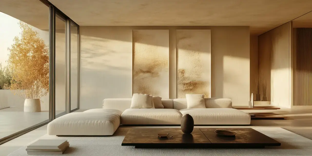 Un soggiorno con divano bianco, tavolino scuro e quadri astratti. Un esempio di stile minimal casa, con luce naturale che filtra da un'ampia vetrata.