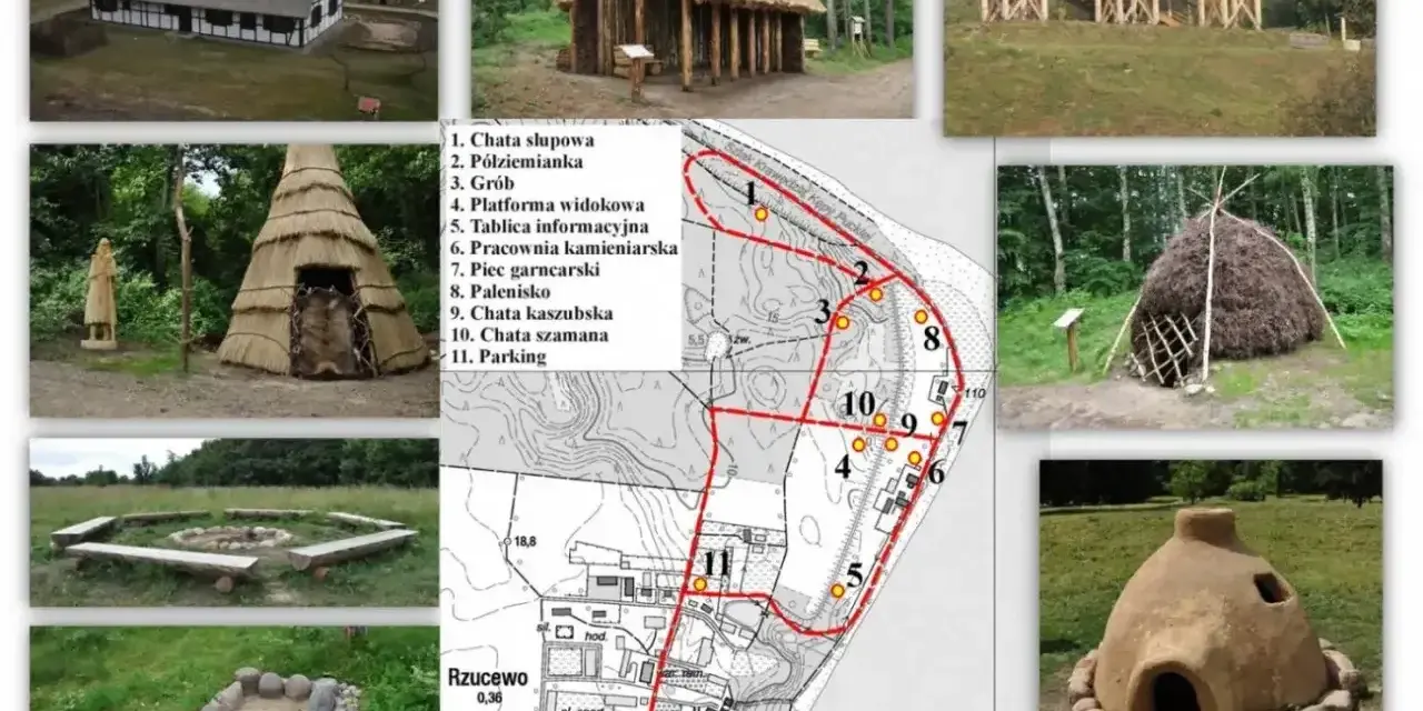 Rekonstrukcja osady łowców fok: chaty, palenisko, piec garncarski i platforma widokowa. Mapa terenu z zaznaczonymi obiektami.